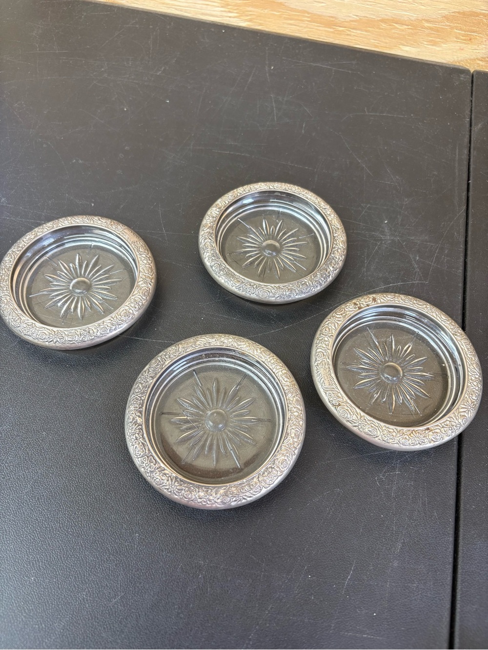 Set of 4 vintage Towle Decorative Silver-plate Glass Coasters